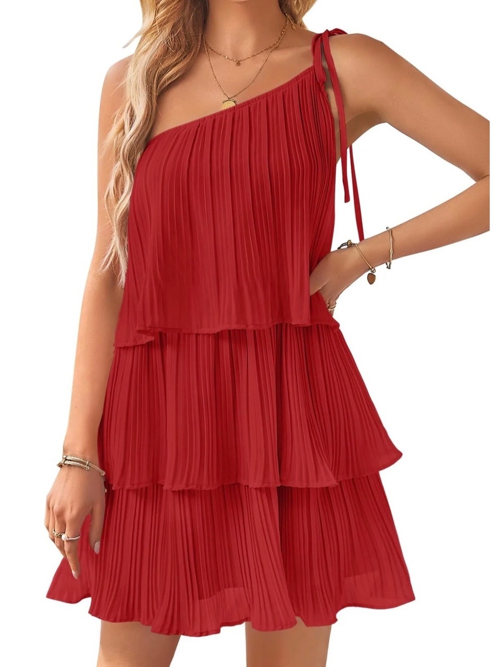Women’s Zesica One Shoulder Ruffle Boho Dress Red Crepe XL 16 18